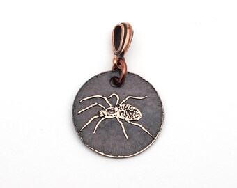 Small copper spider pendant, round etched arachnid jewelry, 22mm