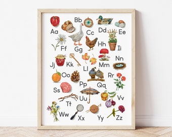 ABC Alphabet Poster Chart Print, Nature Homestead Homeschool Preschool, Morning Basket, Charlotte Mason Study, Kindergarten Classroom Decor