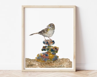 Bird, Sparrow, Stacked Rocks, Watercolor Wall Art Print,  Bird Painting, Bird Home Decor, Stacked Stones Art, Bird Watcher  Gift,