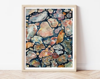 Rock Watercolor Wall Art, Abstract River Rock Painting, Geology Wall Art, Nature Inspired Home Decor, Stones and Gems Art Print Poster Gift