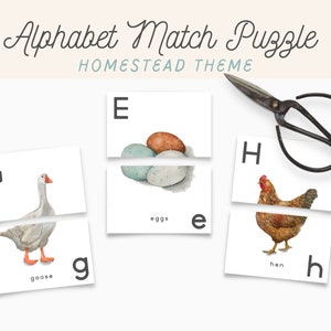 ABC Alphabet Match Puzzle Actividad imprimible, Acuarela Naturaleza Homestead Homeschool Tarjetas preescolares, Cesta de la mañana, Estudio Charlotte Mason