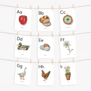 Cartões do alfabeto ABC para impressão, cartões pré-escolares de aquarela Nature Homestead Homeschool, cesta matinal, estudo Charlotte Mason, decoração de sala de aula