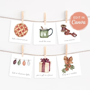 Biglietti calendario dell'avvento, modificabili, conto alla rovescia delle attività natalizie, lista dei desideri di Natale, biglietti dell'avvento per bambini, biglietti di Natale accoglienti acquerellati