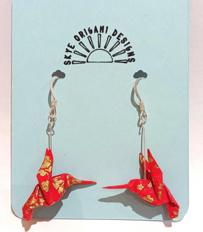 Handmade Origami Hummingbird Earrings: Sterling Silver Hooks, Lightweight Paper immagine 15