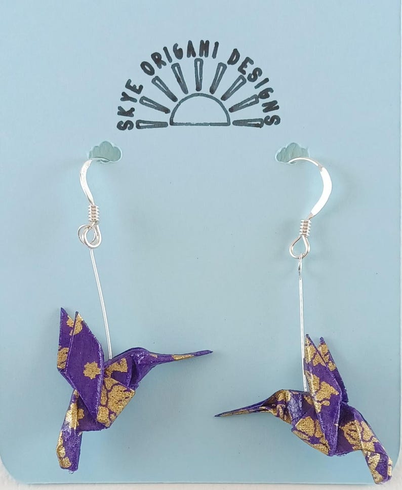 Handmade Origami Hummingbird Earrings: Sterling Silver Hooks, Lightweight Paper immagine 13