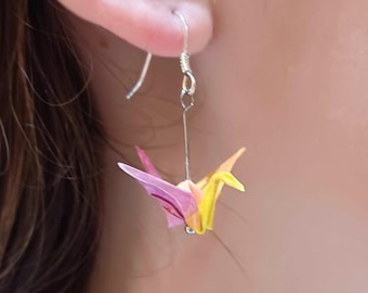 Origami Crane Earrings: Sterling Silver Hooks, Handmade Paper Jewelry