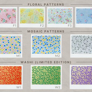 Pu&ograve; includere: Una collezione di campioni di tessuto che mostrano vari modelli. L'immagine &egrave; divisa in sezioni etichettate come "Floral Patterns", "Mosaic Patterns" e "Washi (Limited Edition)". Ogni campione &egrave; etichettato con un codice, come F1, M1 o W1, e presenta diversi disegni.