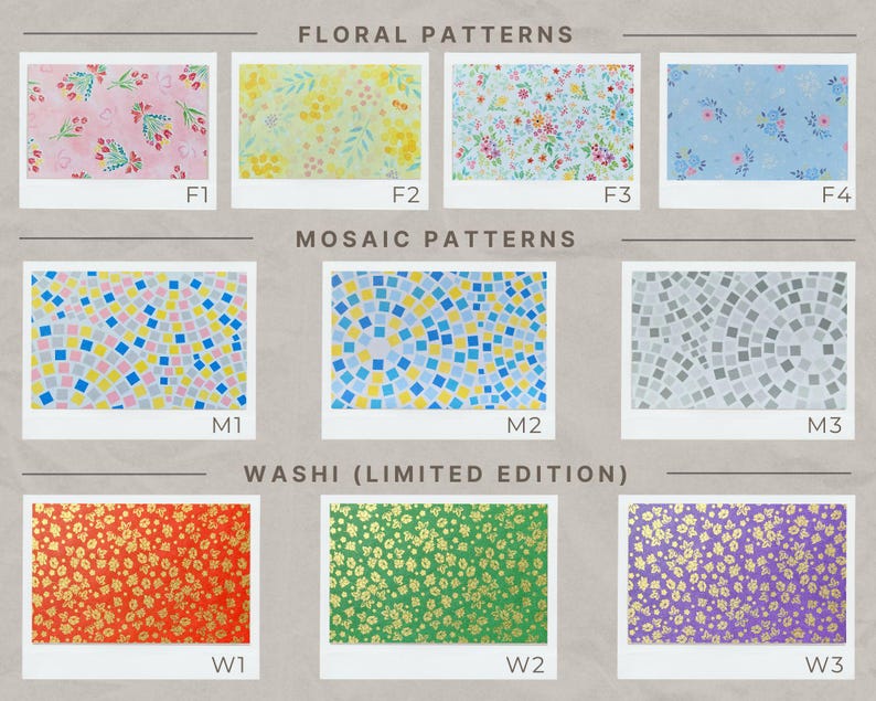Pu&ograve; includere: Una collezione di campioni di tessuto che mostrano vari modelli. L'immagine &egrave; divisa in sezioni etichettate come "Floral Patterns", "Mosaic Patterns" e "Washi (Limited Edition)". Ogni campione &egrave; etichettato con un codice, come F1, M1 o W1, e presenta diversi disegni.
