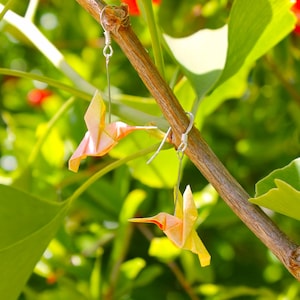 Pu&ograve; includere: Un paio di orecchini a forma di colibr&igrave; in origami, nei toni del giallo e del rosa, appesi a fili d'argento. Gli orecchini sono appesi a un ramo marrone, con foglie verdi e bacche rosse sullo sfondo.