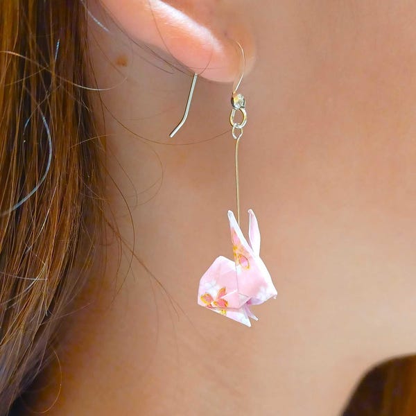 Handmade Origami Bunny Earrings, Hypoallergenic Sterling Silver Hooks, Cute Gift for Easter, Spring, Mother’s Day