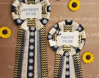 Sailor gold and navy baby shower corsage, mommy to be, corsage pin, Grandma to be, party theme