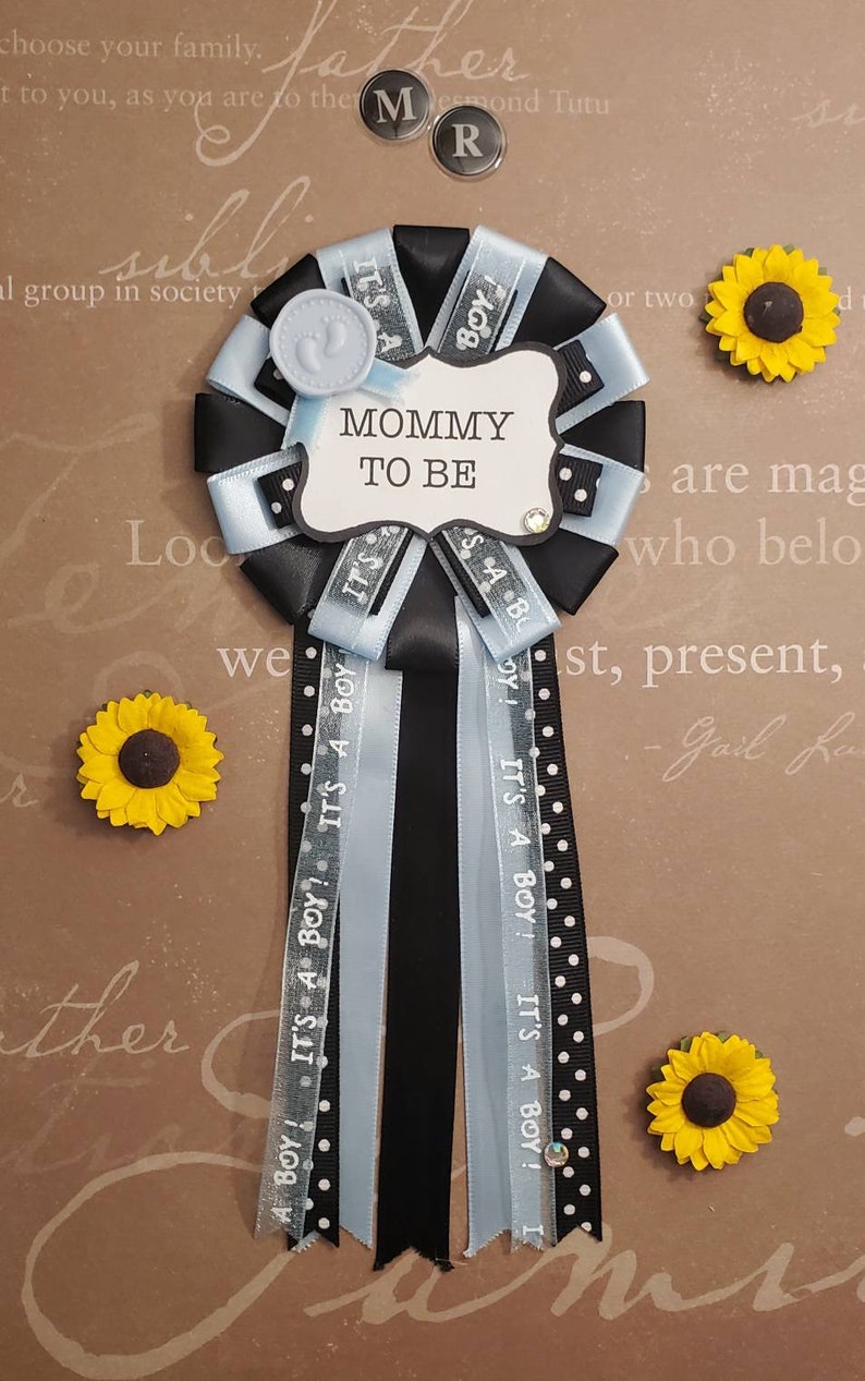 It's a boy shower corsage, mommy to be, corsage pin, party theme blue and black image 1