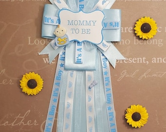 It's a boy shower corsage, mommy to be, corsage pin, party theme baby blue