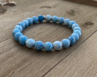 Bracelet gemme à quartz bleu, argent sterling, bracelet perlé Semi Gloss, Bijoux en pierre précieuse bleu clair, Bracelet Aqua Beach, cadeau pour elle