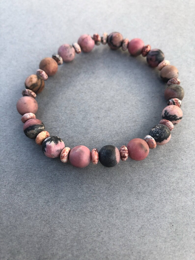 Pink Black Gemstone Bracelet, Rhodonite, Gemstone gift, unisex, boho bracelet, Genuine, Breast Cancer Gift, Pink Bracelet, Boho Chic, gifts image 9