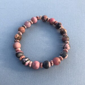 Pink Black Gemstone Bracelet, Rhodonite, Gemstone gift, unisex, boho bracelet, Genuine, Breast Cancer Gift, Pink Bracelet, Boho Chic, gifts image 10