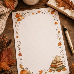 May include: A sheet of lined stationery paper featuring a decorative border of autumn leaves, small pumpkins, paw prints, and a stack of books topped with a teapot and teacup. The paper is white with thin horizontal lines for writing.