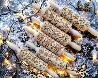 RODILLOS, juego de 6 rodillos pequeños Elegidos por USTED, Funny Baker Nudelholz aus Buchenholz - Weihnachten Geprägt Teigroller Holz