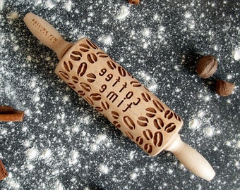 COFFEE TIME small rolling pin, embossing rolling pin, laser engraved rolling pin