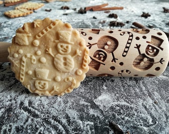 Rodillo MUÑECO DE NIEVE para galletas en relieve, fabricado en madera de haya