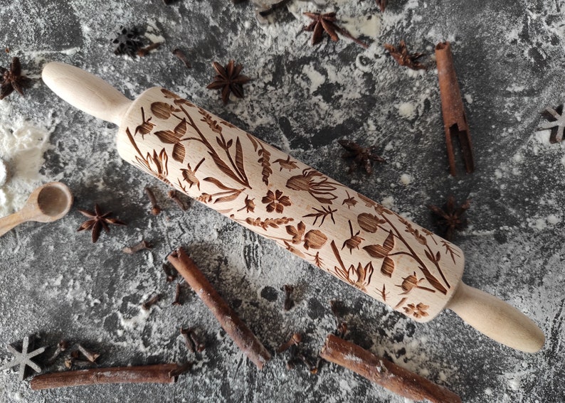 WILD FLOWERS, engraved rolling pin, gift for Christmas, bakery gift, bakery gadget, merry christmas, Thanksgiving gift 11,4 inches