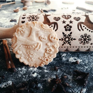 TWO REINDEERS rolling pin, embossing rolling pin, engraved rolling pin by laser, gift for Christmas