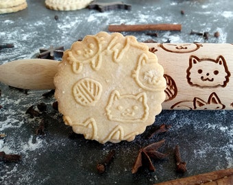Rodillo pequeño FUNNY CATS para galletas en relieve, fabricado en madera de haya, grabado PROFUNDO