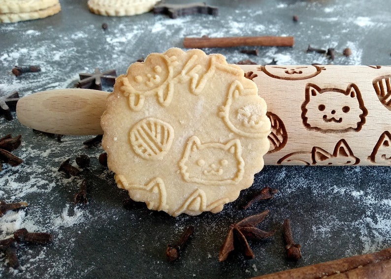 FUNNY CATS SMALL rolling pin, embossing rolling pin, engraved rolling pin by laser image 1