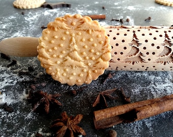 Christmas SNOWFLAKES with TREE mini rolling pin for embossed cookies, made of beeh wood