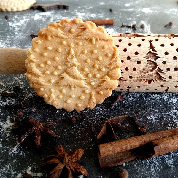 Christmas SNOWFLAKES with TREE mini rolling pin for embossed cookies, made of beeh wood