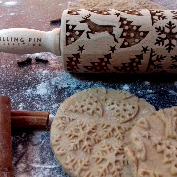 SNOWFLAKES & CHRISTMAS TREE small rolling pin, embossing rolling pin, laser engraved small rolling pin, christmas gift, kids roller