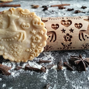 TWO REINDEERS embossing rolling pin Decorative roller with Christmas patterns, engraved rolling pins, christmas gift