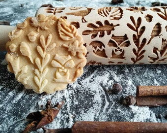Rodillo pequeño OTOÑO para galletas en relieve, fabricado en madera de haya, grabado PROFUNDO