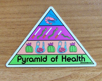 May include: A triangular sticker with a health pyramid design. The pyramid is divided into sections with a shrimp, cigarettes, worms, and meat. The base of the pyramid reads "Pyramid of Health" in green text.