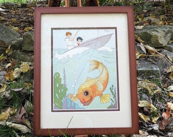 Kinderangeln für Koi-Framed Authentic Vintage Color Illustration