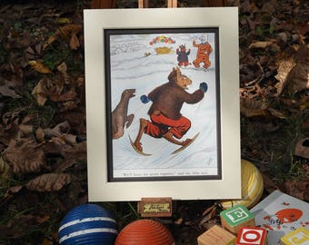 Uncle Wiggily Children's Story - Vintage, Matted, Color, Authentic Storybook Print - Uncle Wiggly Ice Skating
