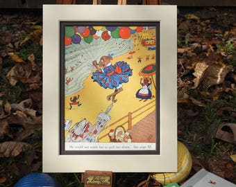 Uncle Wiggily Children's Story - Vintage Original Matted Color Storybook Print  - Girl Bunny Flying with Balloons