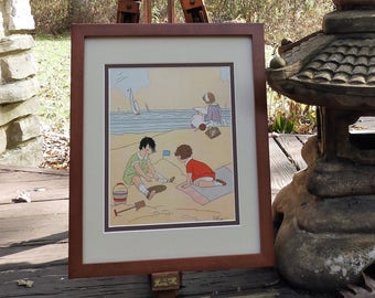 Kinder am Strand-rahmender authentischer Vintage Farbillustration