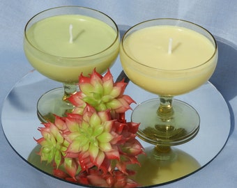 Vintage Glassware "Lemon Drop" Candle Set of 2 - Light Yellow Glasses; Citrus Lemon & Lime Essential Oil Scents, NATURAL Soy Wax