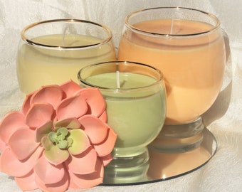 Vintage Glassware Candle Set of 3 - Clear Glasses with Gold Painted Rims; Citrus Essential Oil Scents, NATURAL Soy Wax