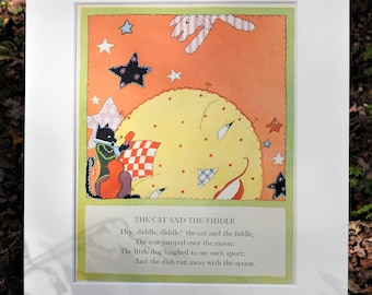 The Cat & The Fiddle - Matted, 11" x 14", Authentic, Vintage, Colorful, Children's Illustration