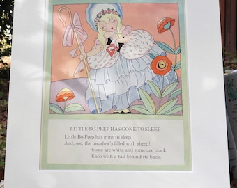 Little Bo Peep - Matted, 11" x 14", Authentic, Vintage, Colorful, Children's Illustration