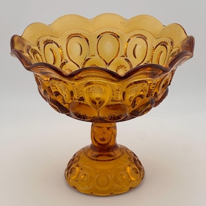 Vintage LE Smith Moon & Stars Amber Glass Compote – Large Mid-Century Pedestal Candy Dish – Pressed Glass Collectible Bowl