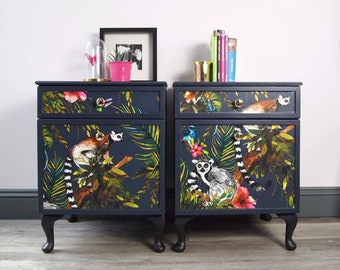 NOT FOR SALE - example only: Pair of painted vintage dark blue bedside cabinets with lemur decoupage