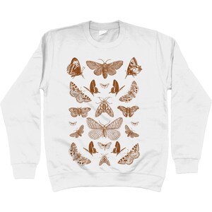May include: White sweatshirt with a brown print of various butterflies and moths.