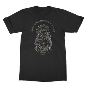 May include: Black t-shirt with a gold and white illustration of a woman with a crown of stars and the text "I spoke to you Aphrodite, in a dream" and "Sappho" at the bottom.