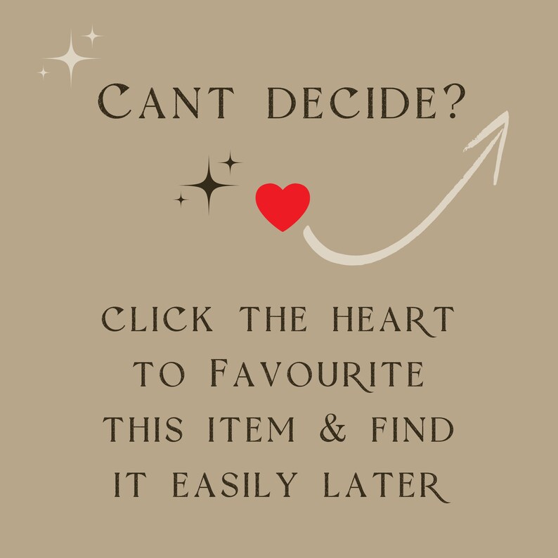 Puede incluir: Un coraz&oacute;n rojo con una flecha blanca apuntando hacia arriba. El texto dice: "CANT DECIDE? CLICK THE HEART TO FAVOURITE THIS ITEM & FIND IT EASILY LATER"