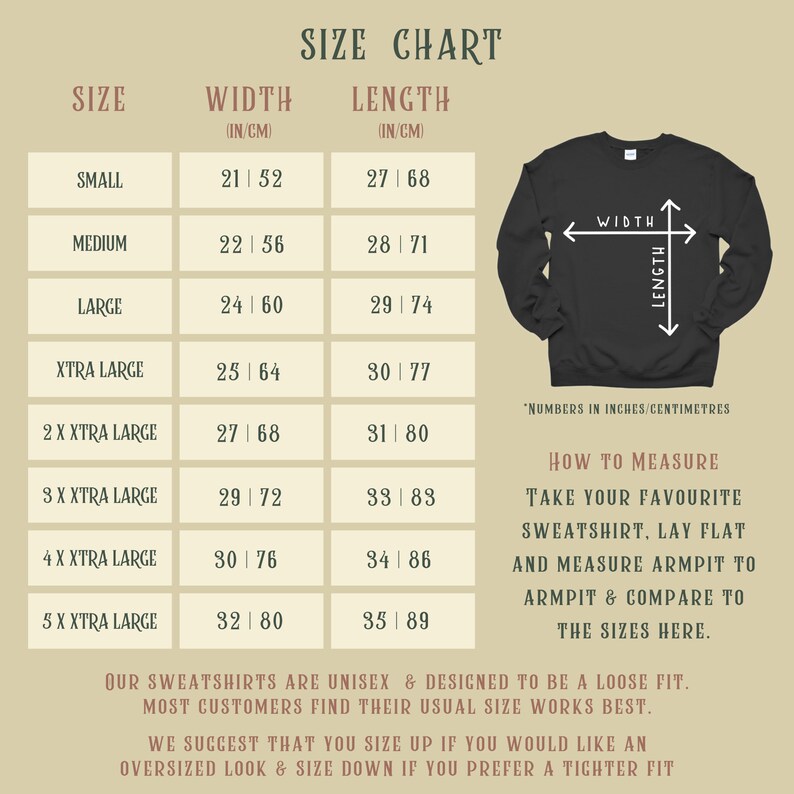 May include: Size chart for sweatshirts in inches and centimeters. The chart shows the width and length measurements for sizes small to 5X large. The chart also includes instructions on how to measure your favorite sweatshirt to determine the best fit.