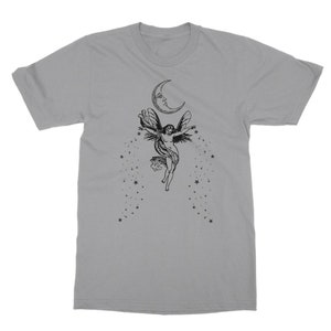 May include: A gray t-shirt with a black and white illustration of a fairy flying with wings outstretched under a crescent moon with stars.