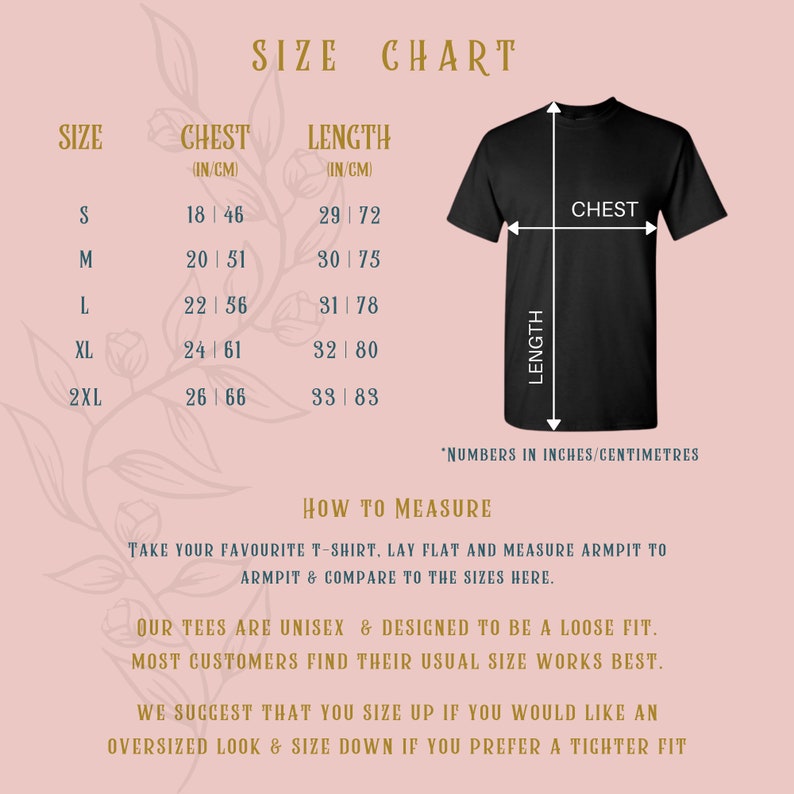 Op de afbeelding: Maattabel voor een T-shirt met metingen in inches en centimeters. De tabel toont borst- en lengtemaat voor de maten S, M, L, XL en 2XL. De tabel bevat ook instructies over hoe je je eigen T-shirt moet meten.